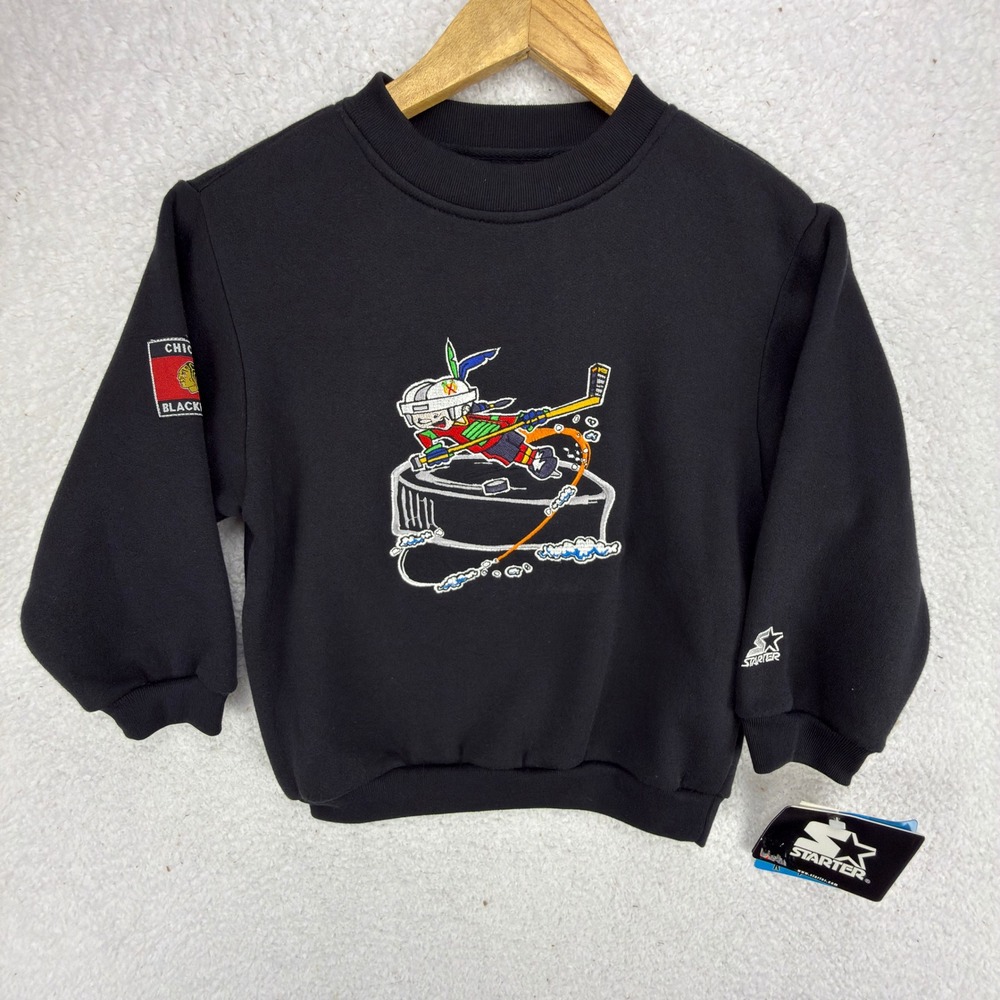 Vintage 90s Starter Chicago Blackhawks Kid Large Sweatshirt Black NHL Hockey NWT